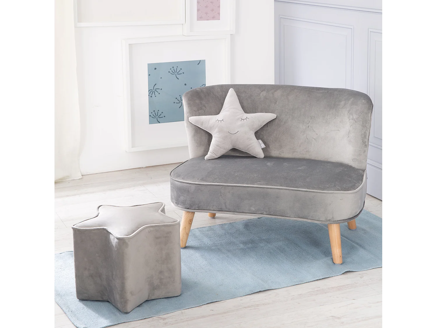 Ensemble Canapé Roba Lil avec Canapé Enfant, Tabouret Enfant & Coussin en Forme d'Étoile en Gris Argenté