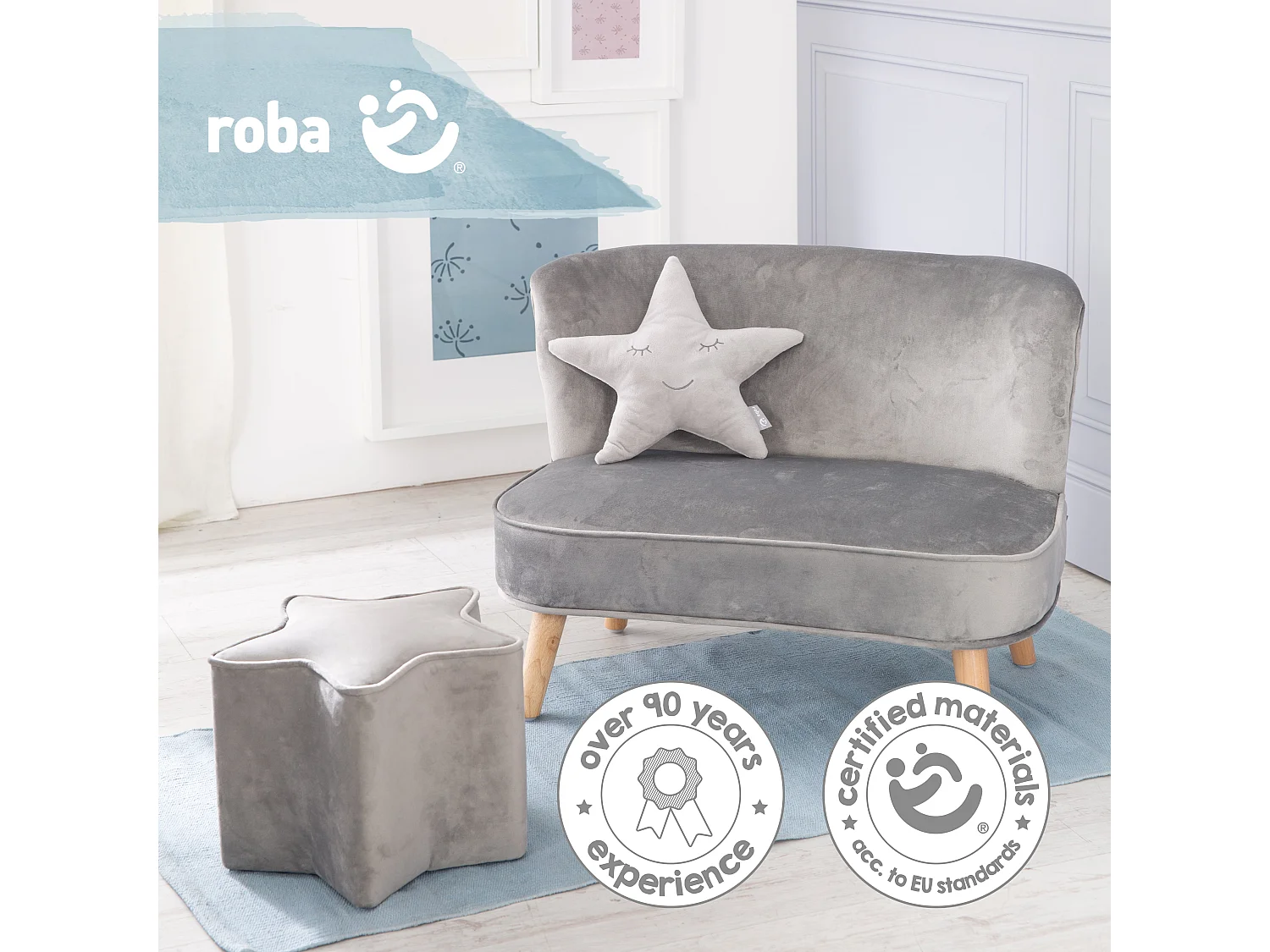Ensemble Canapé Roba Lil avec Canapé Enfant, Tabouret Enfant & Coussin en Forme d'Étoile en Gris Argenté