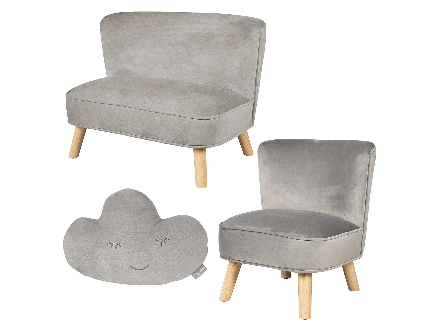 Ensemble Canapé Roba Lil avec Canapé, Fauteuil & Coussin en Forme de Nuage - Gris Argenté, Style Rétro, Velours, Mobilier pour Enfants