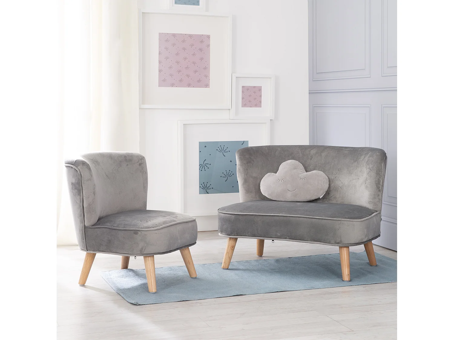 Ensemble Canapé Roba Lil avec Canapé, Fauteuil & Coussin en Forme de Nuage - Gris Argenté, Style Rétro, Velours, Mobilier pour Enfants
