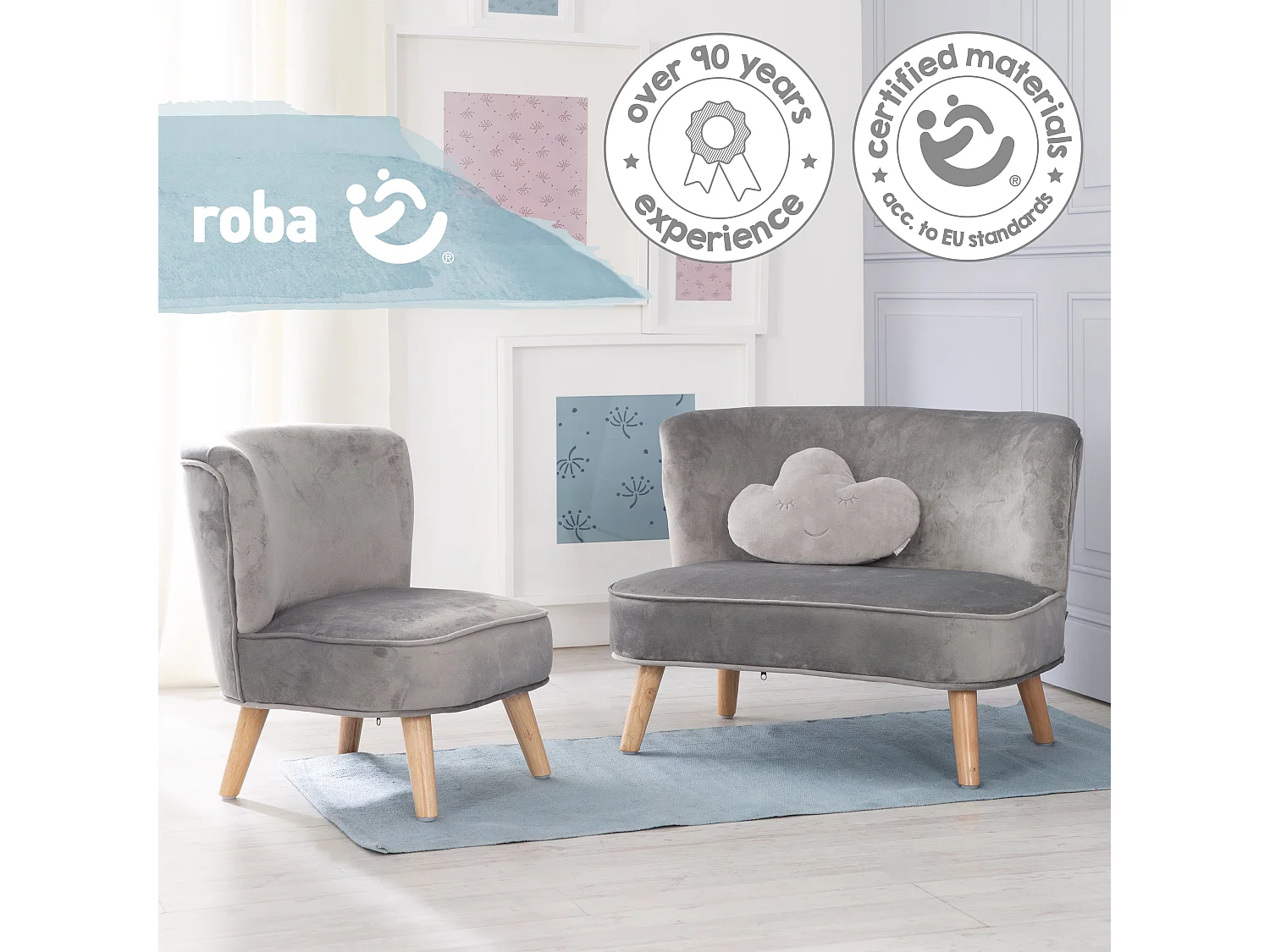 Ensemble Canapé Roba Lil avec Canapé, Fauteuil & Coussin en Forme de Nuage - Gris Argenté, Style Rétro, Velours, Mobilier pour Enfants