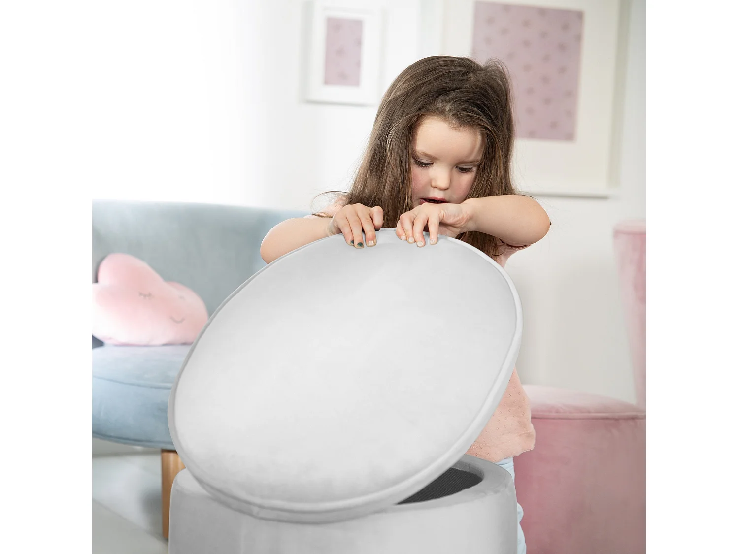 Ovaal Grijze Kinder Opbergkruk met Fluweel Hoes | Lil Sofa Collectie