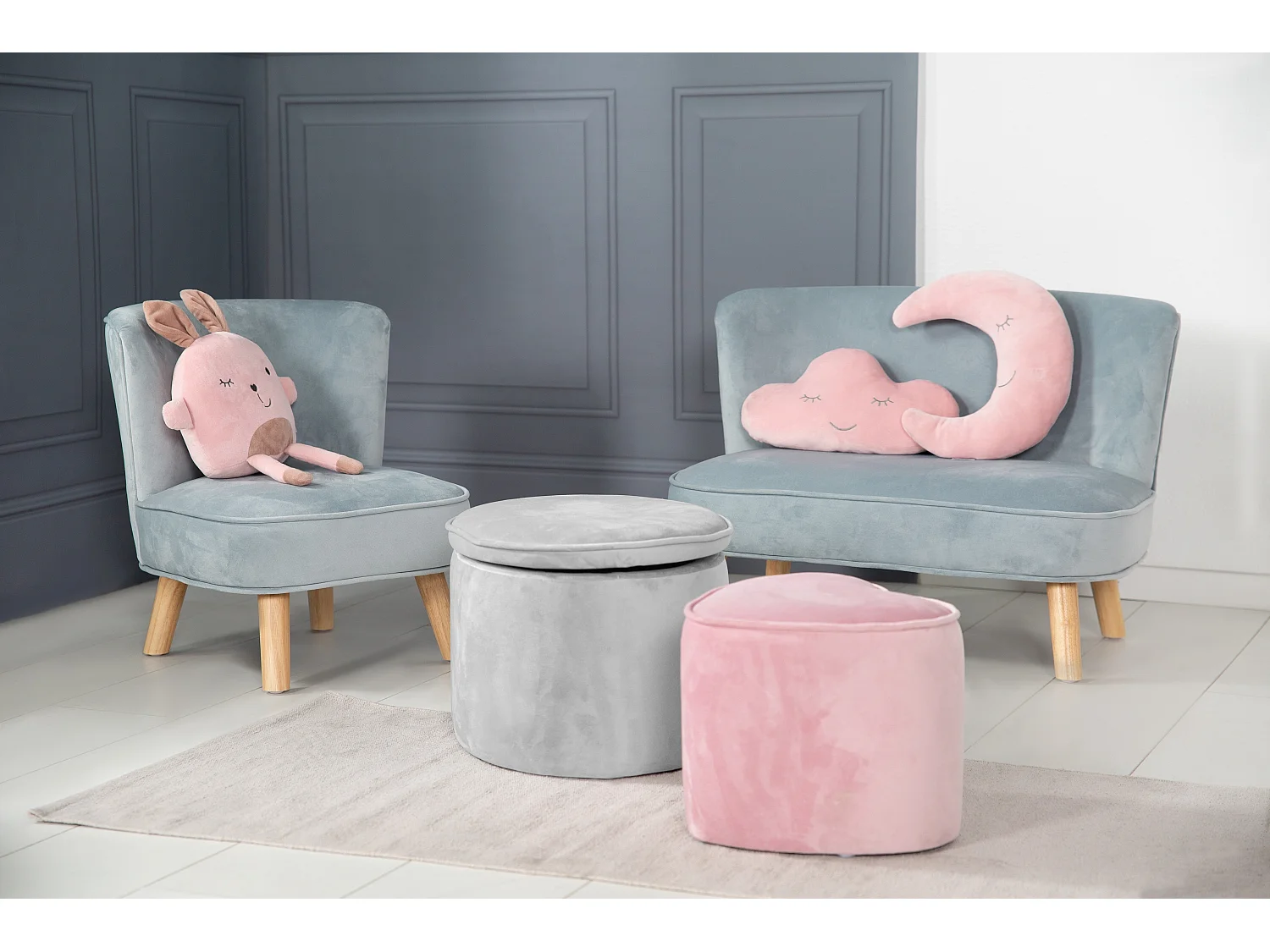 Ovaal Grijze Kinder Opbergkruk met Fluweel Hoes | Lil Sofa Collectie