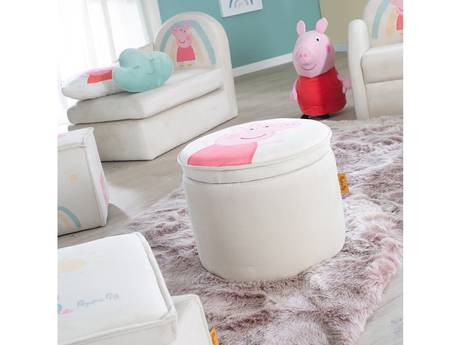 Kinderen Ronde Peppa Pig Gestoffeerde Kruk - Beige Fluweel - Veilige & Comfortabele Zitplaatsen voor Kinderen