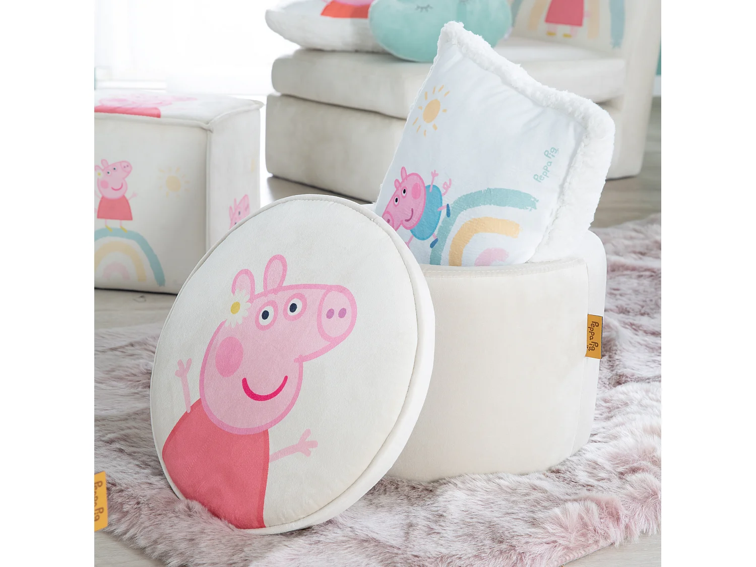 Kinderen Ronde Peppa Pig Gestoffeerde Kruk - Beige Fluweel - Veilige & Comfortabele Zitplaatsen voor Kinderen