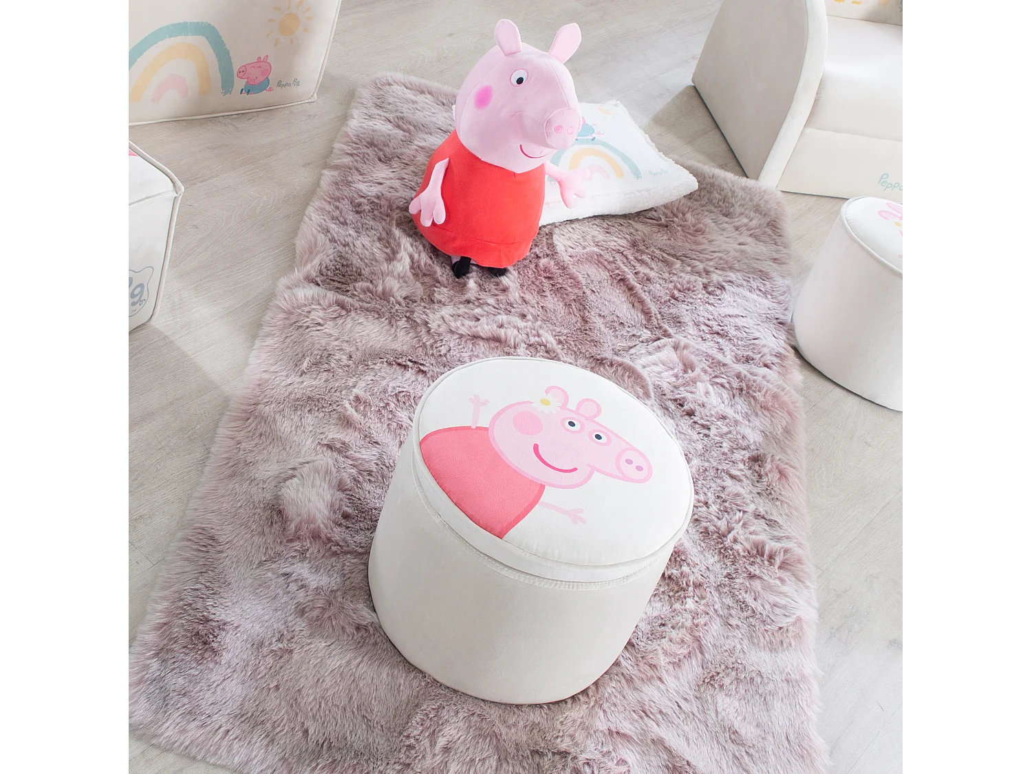 Kinderen Ronde Peppa Pig Gestoffeerde Kruk - Beige Fluweel - Veilige & Comfortabele Zitplaatsen voor Kinderen