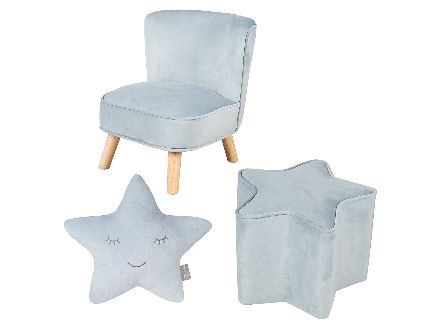 Ensemble Roba Lil Sofa - Chaise Enfant, Tabouret & Ensemble Coussin - Look Rétro, Tissu Velours, Bleu Ciel
