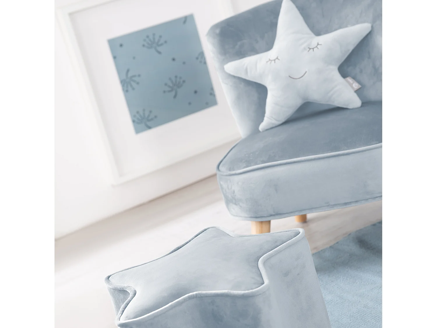Ensemble Roba Lil Sofa - Chaise Enfant, Tabouret & Ensemble Coussin - Look Rétro, Tissu Velours, Bleu Ciel