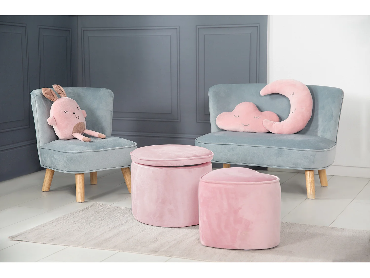 Banqueta Infantil Oval com Armazenamento - Estofamento de Veludo - Cor Malva - Coleção Lil Sofa