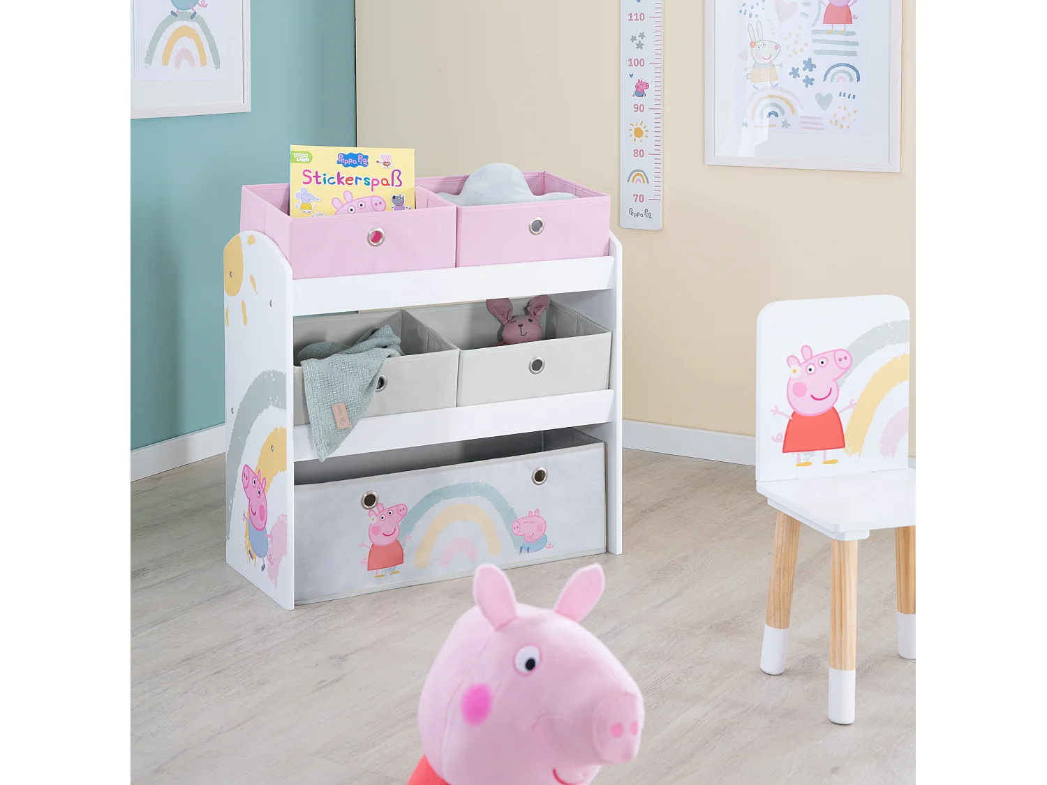 Estantería de almacenamiento de juguetes de madera Roba Peppa Pig con 5 cajas de tela para la organización de la habitación de los niños