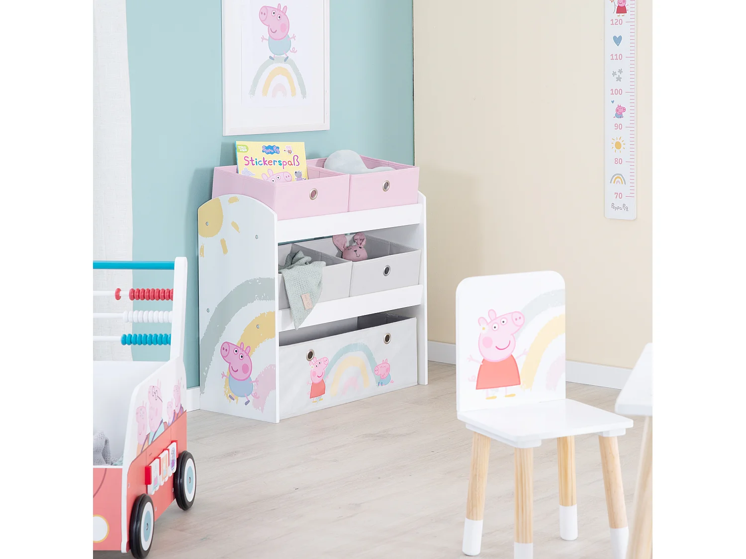 Estantería de almacenamiento de juguetes de madera Roba Peppa Pig con 5 cajas de tela para la organización de la habitación de los niños