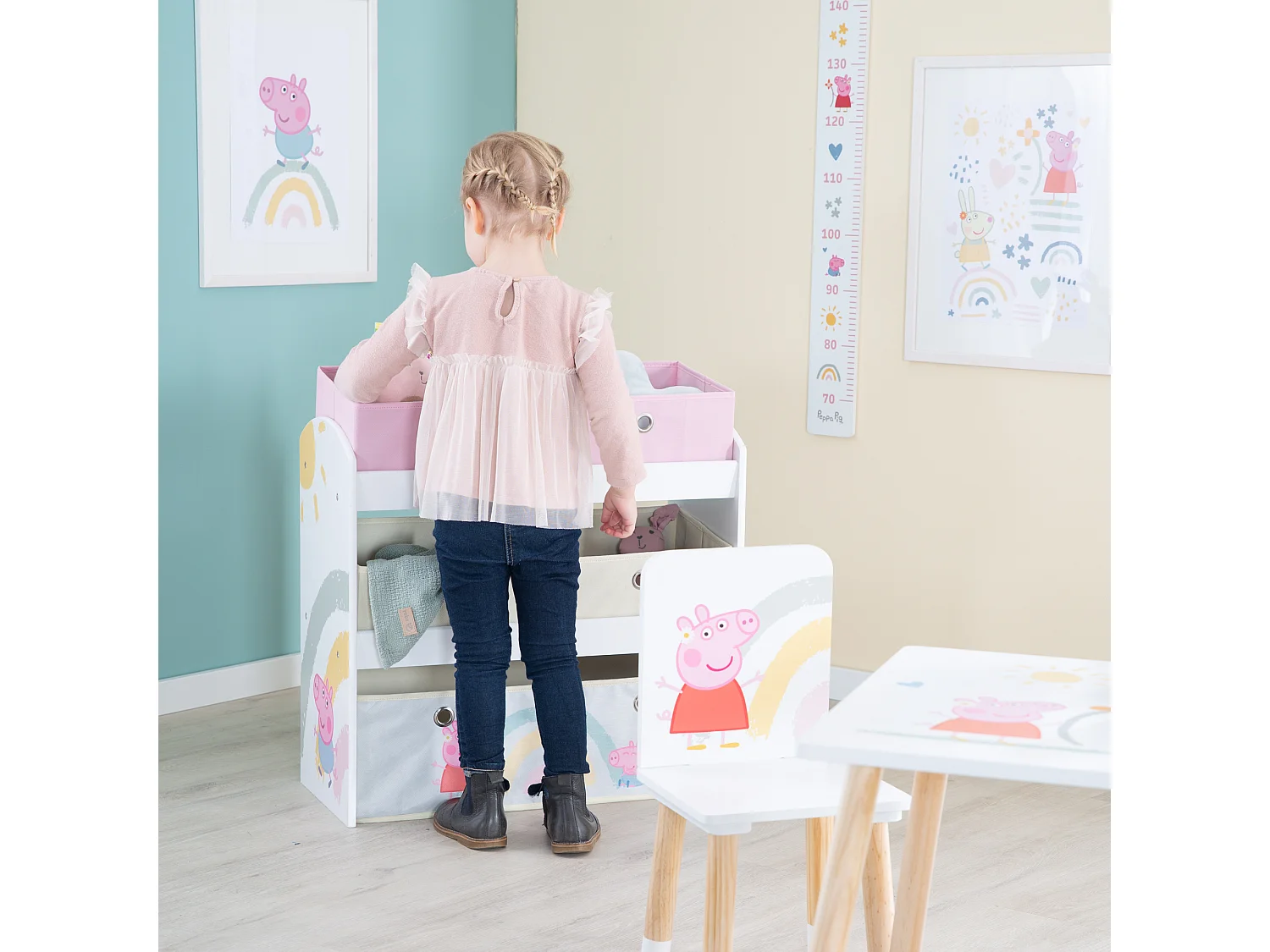 Estantería de almacenamiento de juguetes de madera Roba Peppa Pig con 5 cajas de tela para la organización de la habitación de los niños