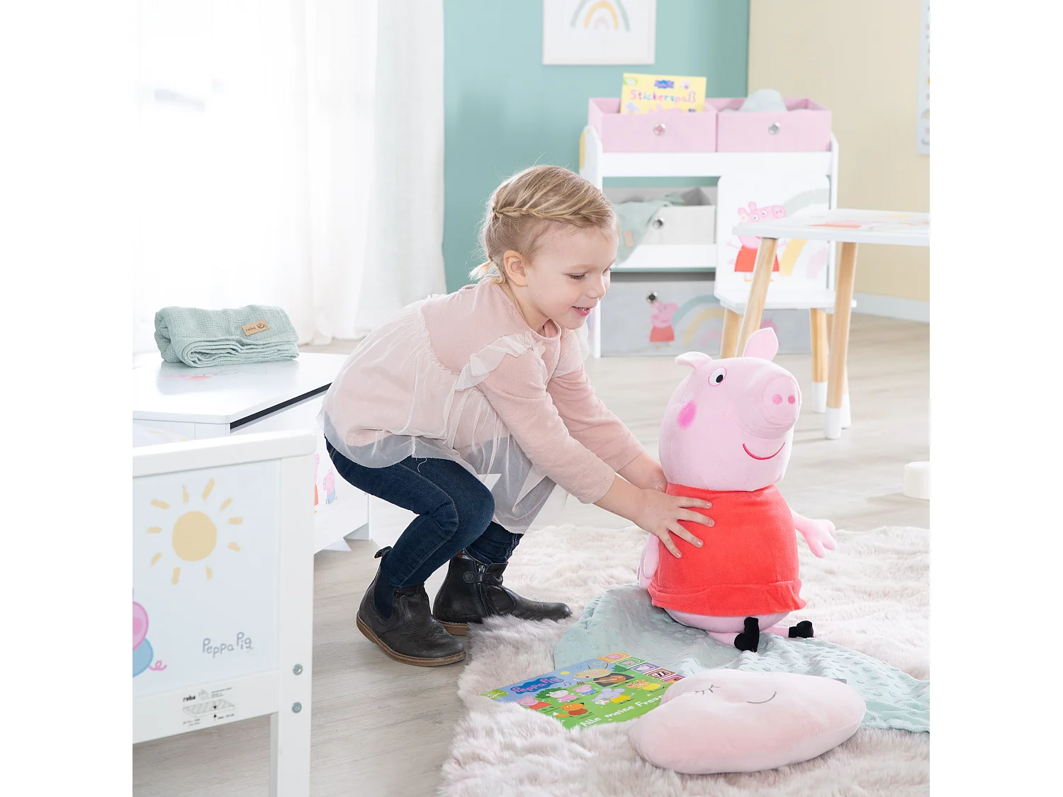Estantería de almacenamiento de juguetes de madera Roba Peppa Pig con 5 cajas de tela para la organización de la habitación de los niños