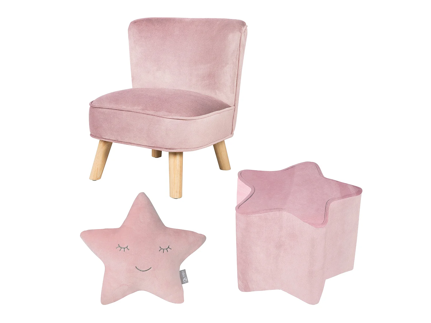 Ensemble Roba Lil Sofa - Chaise Enfant, Tabouret & Coussin Étoile en Rose/Mauve, Style Rétro, Tissu Velours