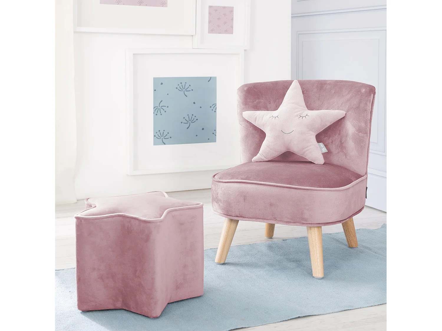 Ensemble Roba Lil Sofa - Chaise Enfant, Tabouret & Coussin Étoile en Rose/Mauve, Style Rétro, Tissu Velours