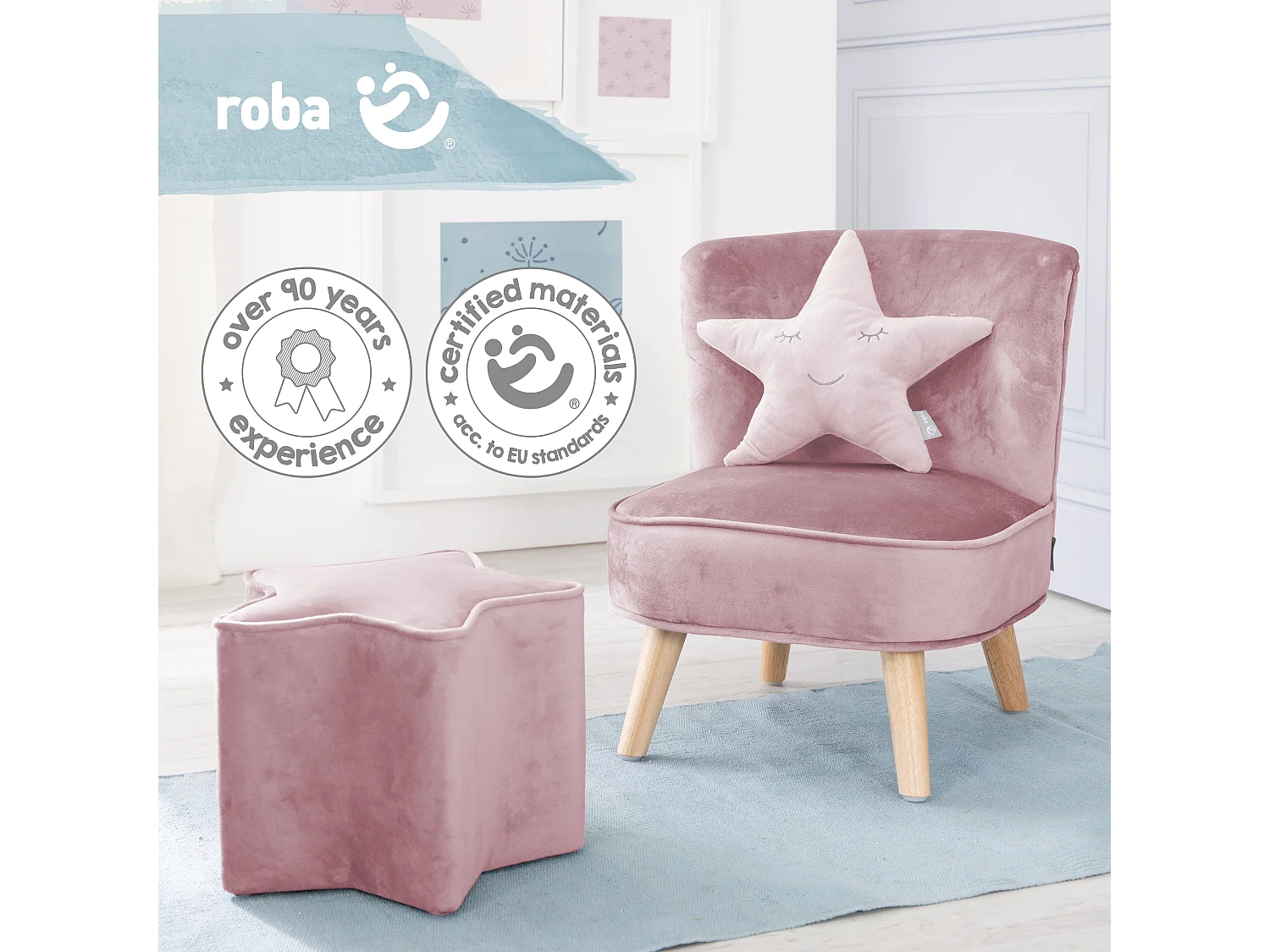 Ensemble Roba Lil Sofa - Chaise Enfant, Tabouret & Coussin Étoile en Rose/Mauve, Style Rétro, Tissu Velours