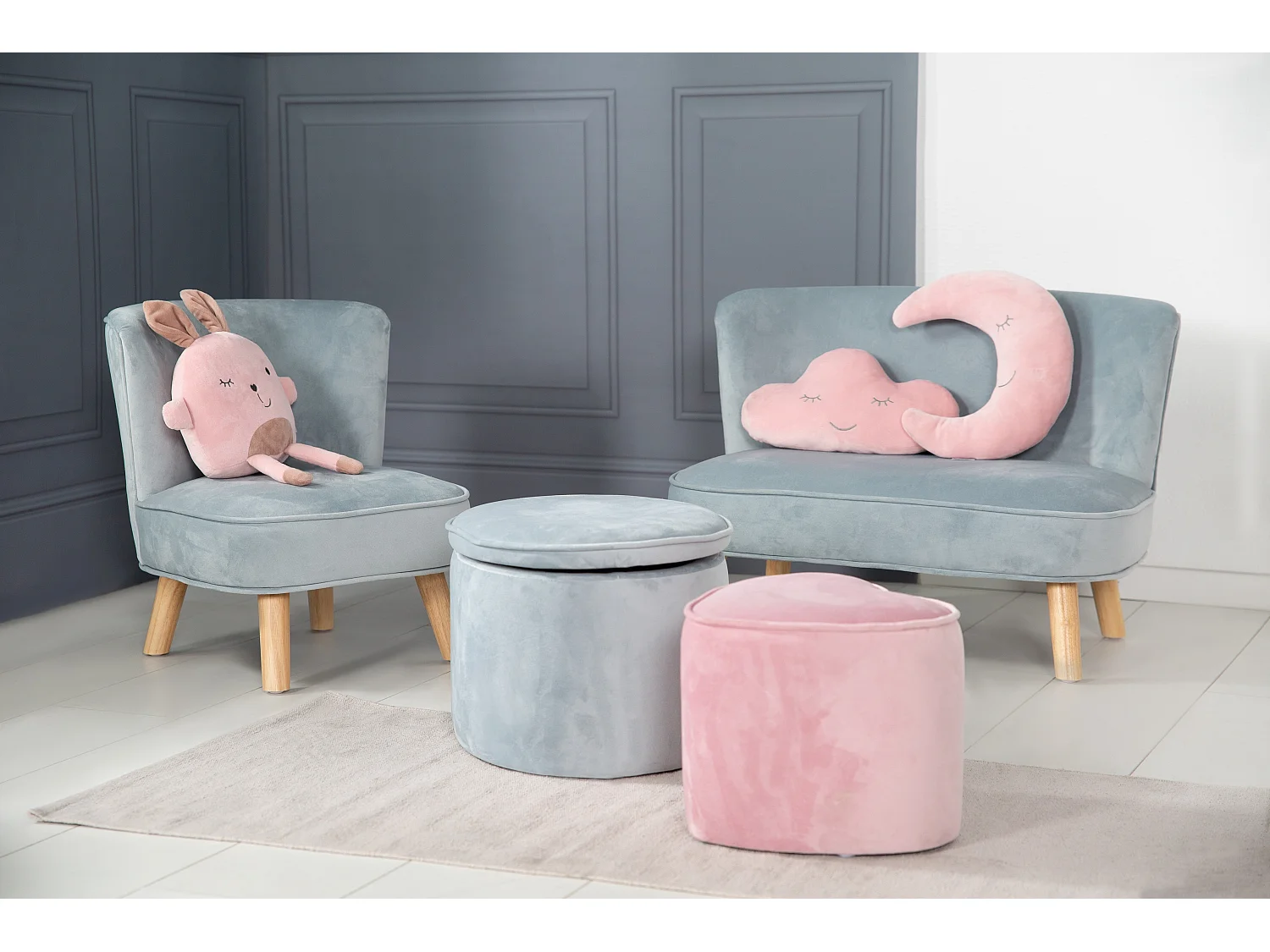 Tabouret Enfant Ovale Bleu Clair avec Rangement - Collection Lil Sofa