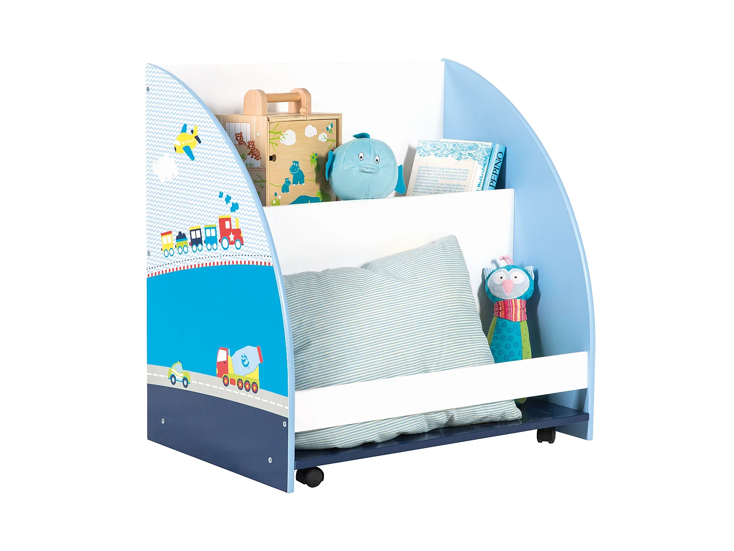 Estantería giratoria para juguetes y libros de coche de carreras azul para niños con ruedas - 3 estantes