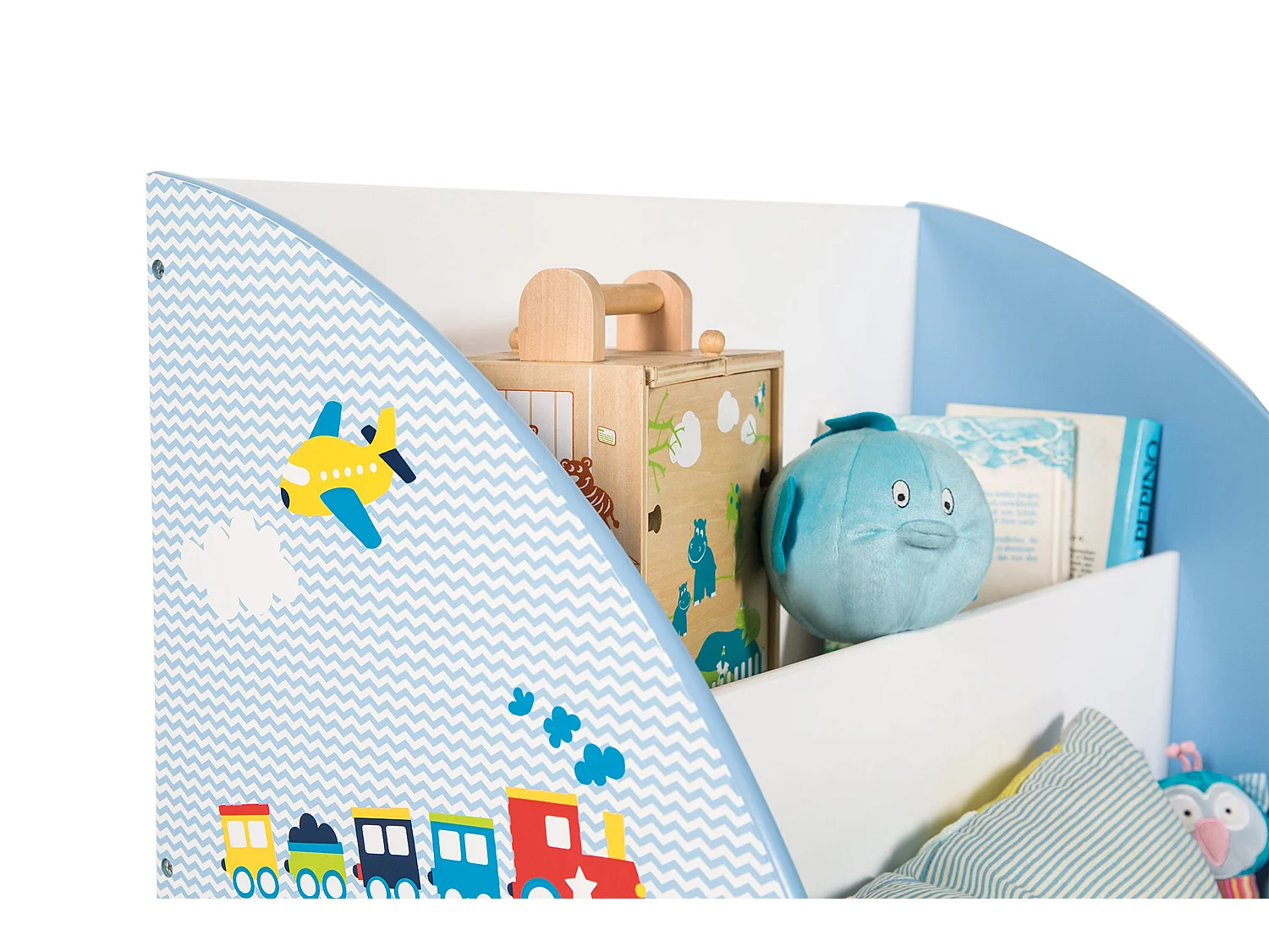Estantería giratoria para juguetes y libros de coche de carreras azul para niños con ruedas - 3 estantes