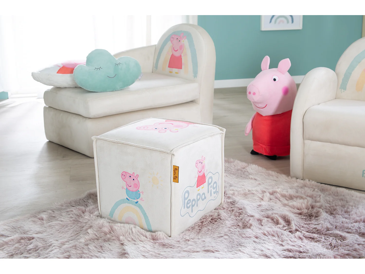 Roba Peppa Pig Kinderkrukje in Kubusvorm - Zacht Fluweel Bekleding, Kindvriendelijk Ontwerp, Veilig & Compact (Beige, 25x27x27 cm)
