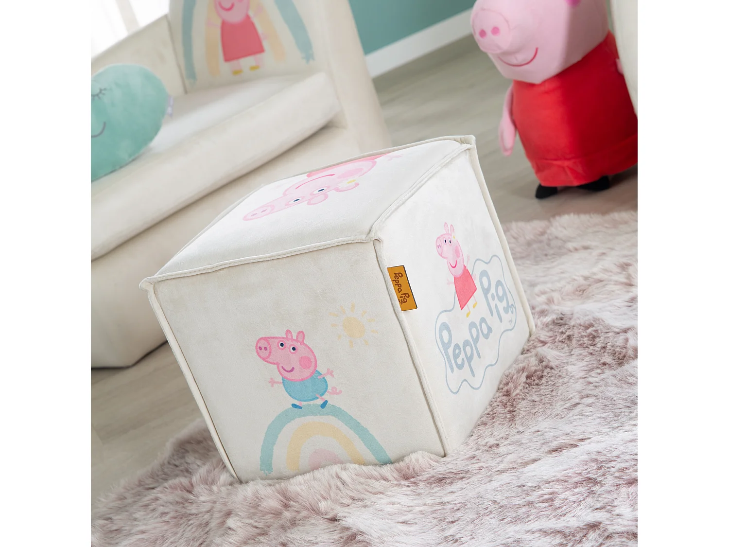Roba Peppa Pig Kinderkrukje in Kubusvorm - Zacht Fluweel Bekleding, Kindvriendelijk Ontwerp, Veilig & Compact (Beige, 25x27x27 cm)