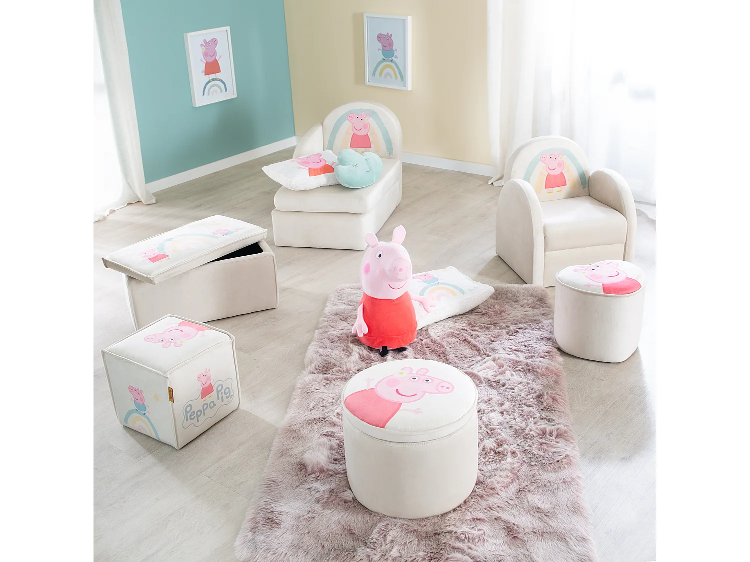 Roba Peppa Pig Kinderkrukje in Kubusvorm - Zacht Fluweel Bekleding, Kindvriendelijk Ontwerp, Veilig & Compact (Beige, 25x27x27 cm)