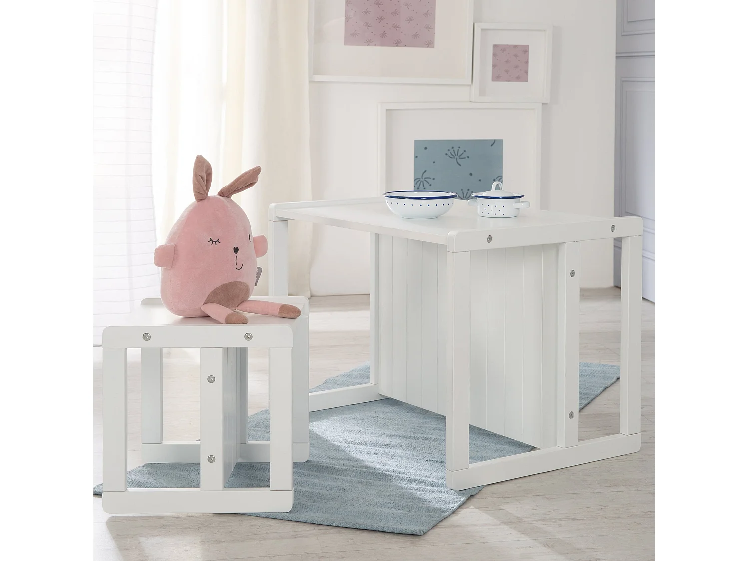 Roba 2-Delige Kinderzitje Set met Transformeerbare Tafel - Wit, 3-in-1 Multifunctioneel, Verstelbare Hoogtes