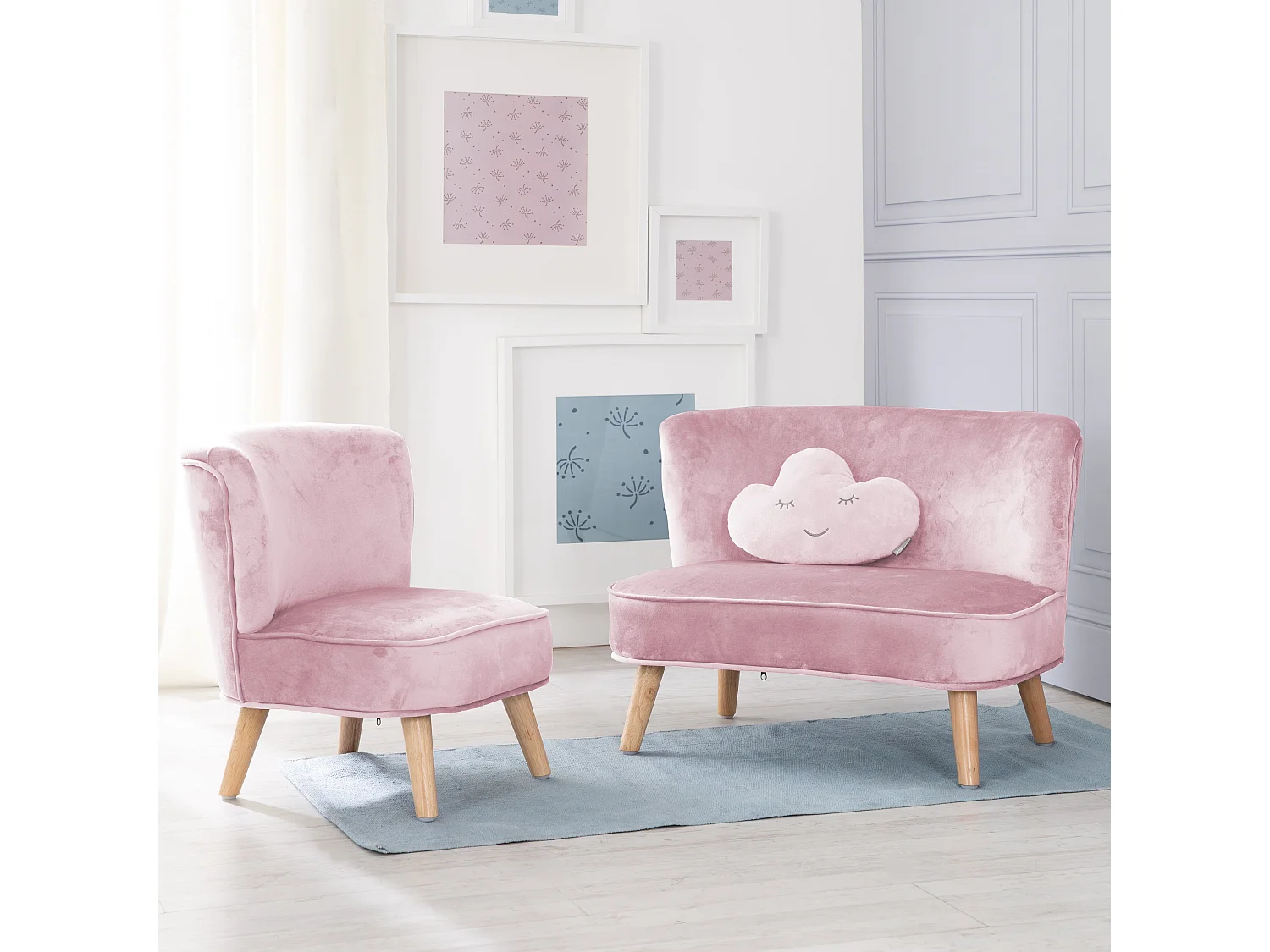 Ensemble Canapé Roba Lil avec Canapé, Fauteuil + Coussin Nuage en Rose/Mauve pour Enfants