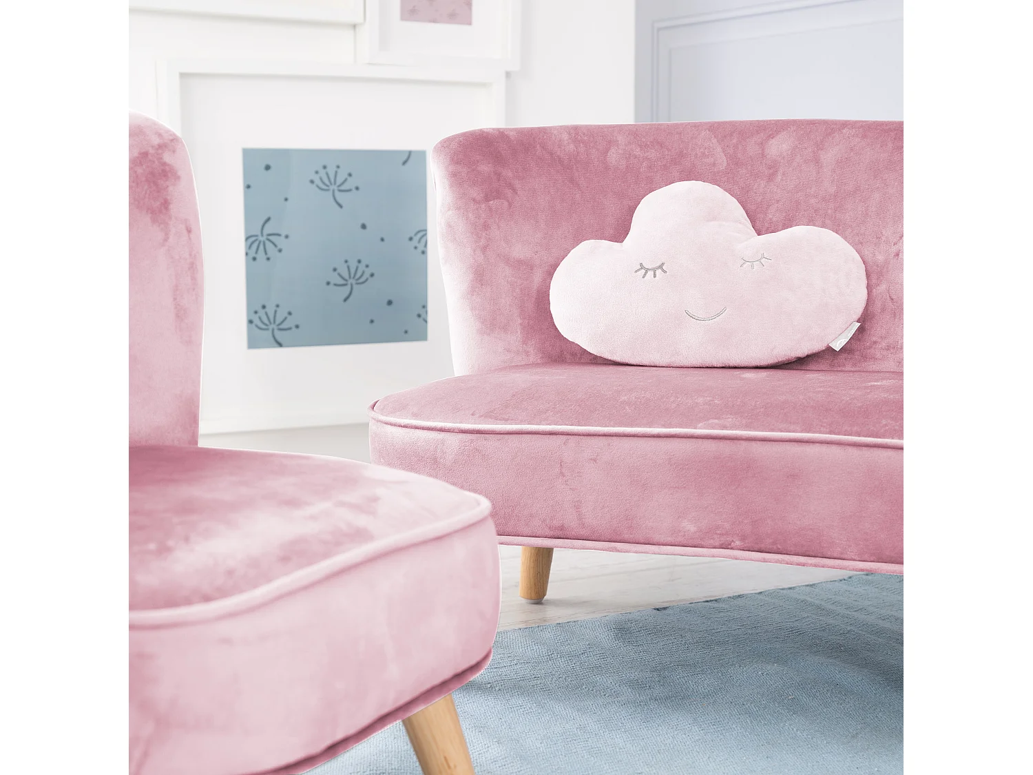 Ensemble Canapé Roba Lil avec Canapé, Fauteuil + Coussin Nuage en Rose/Mauve pour Enfants