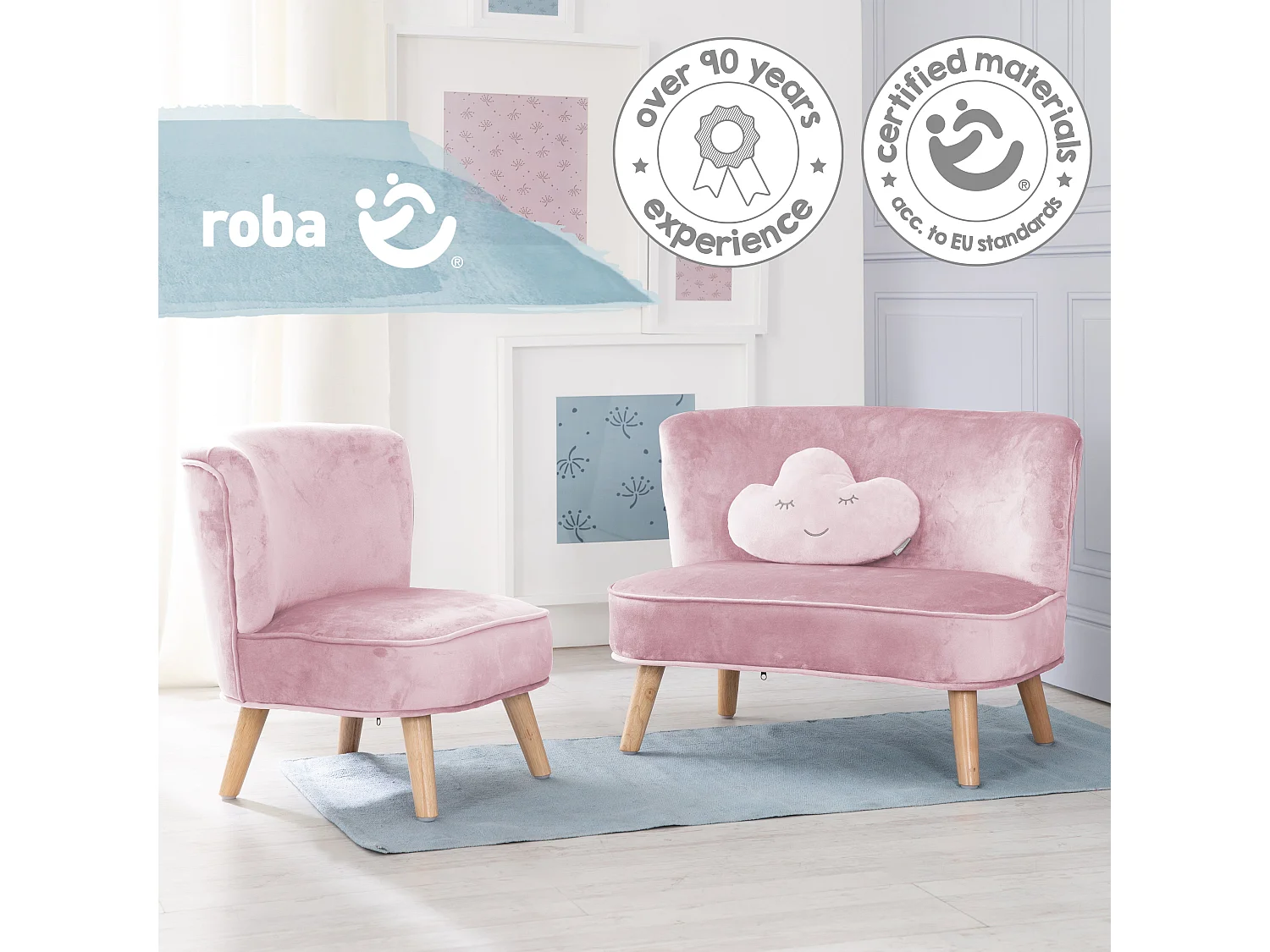 Ensemble Canapé Roba Lil avec Canapé, Fauteuil + Coussin Nuage en Rose/Mauve pour Enfants