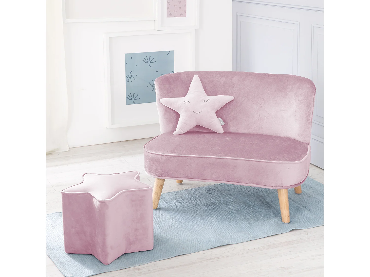 Ensemble Canapé Roba Lil avec Canapé Enfant, Tabouret & Coussin - Rose/Mauve, Look Rétro, Velours, Sécurité Enfant