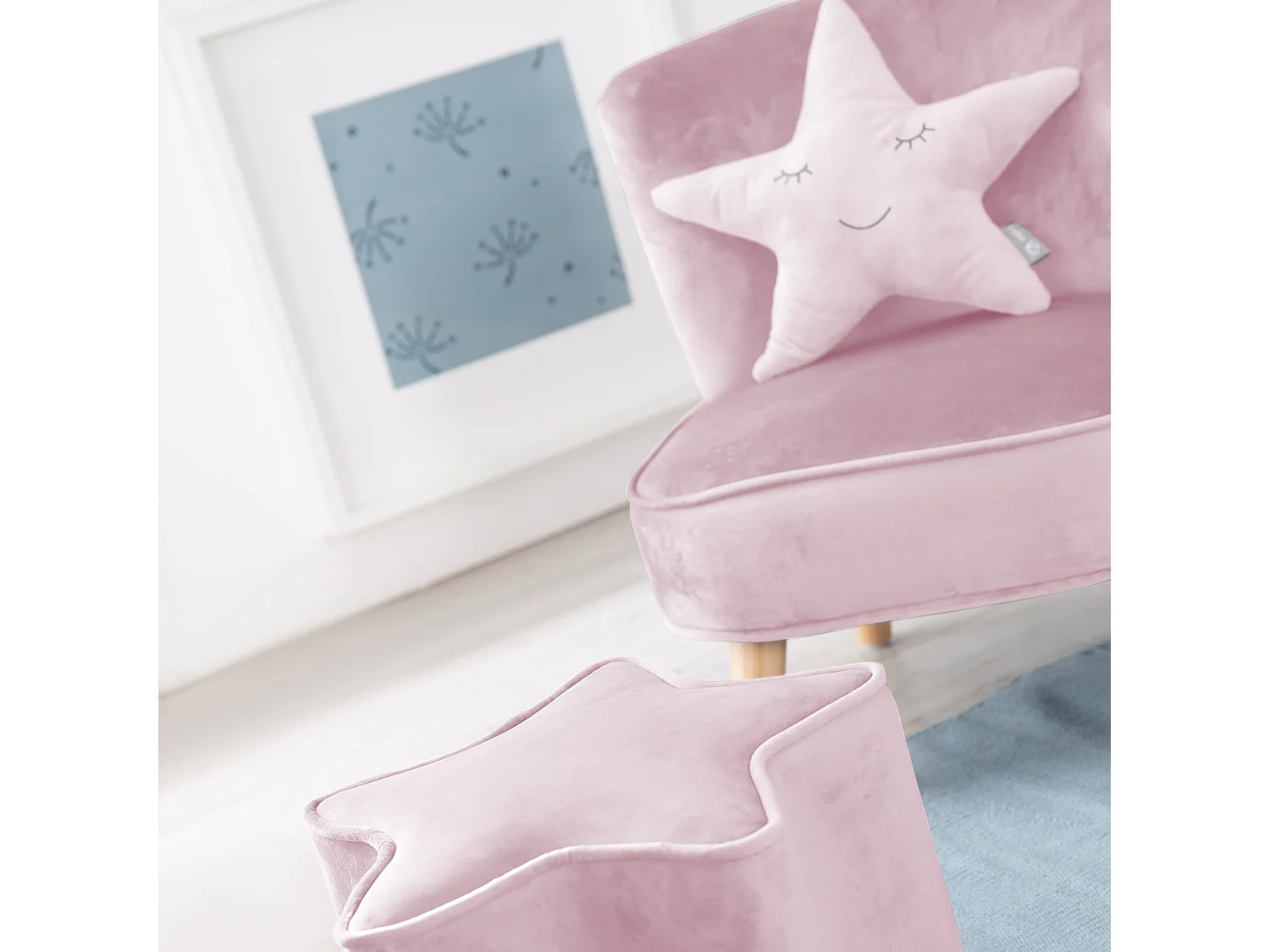 Ensemble Canapé Roba Lil avec Canapé Enfant, Tabouret & Coussin - Rose/Mauve, Look Rétro, Velours, Sécurité Enfant