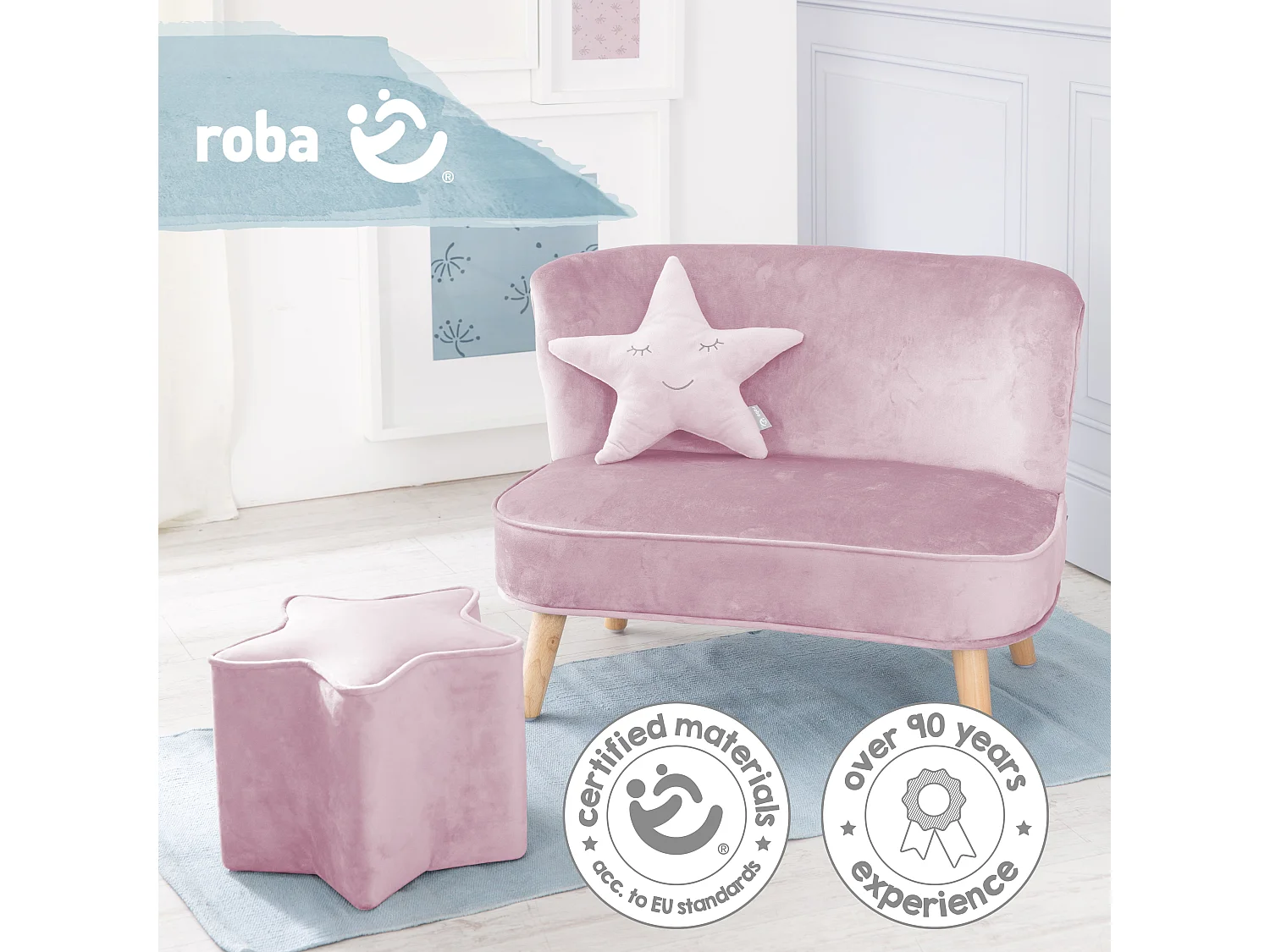 Ensemble Canapé Roba Lil avec Canapé Enfant, Tabouret & Coussin - Rose/Mauve, Look Rétro, Velours, Sécurité Enfant