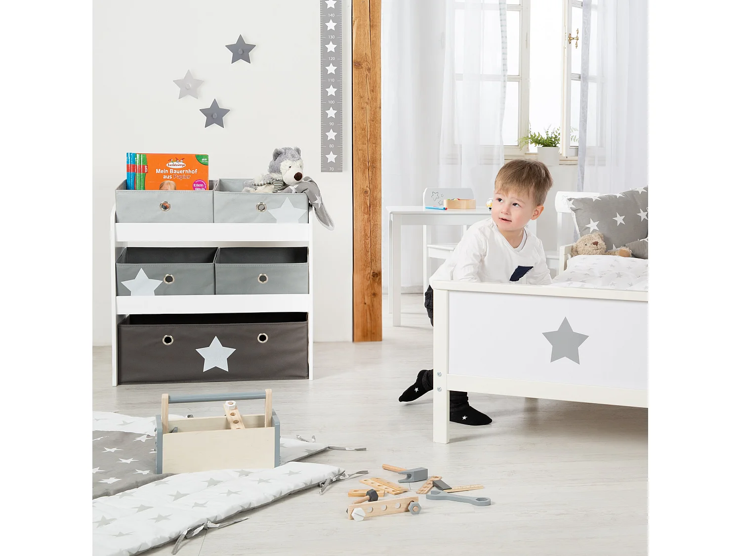 Estantería infantil Roba Stars con 5 cajas de tela gris