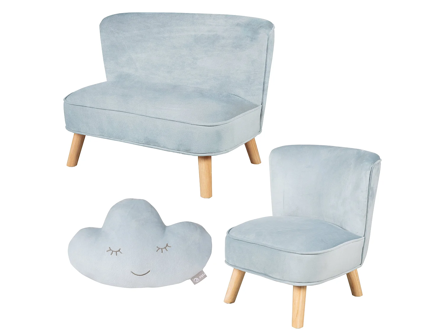Ensemble Canapé Roba Lil avec Canapé, Fauteuil & Coussin en Forme de Nuage - Couleur Bleu/Ciel, Look Rétro, Velours, Pieds en Bois Solides