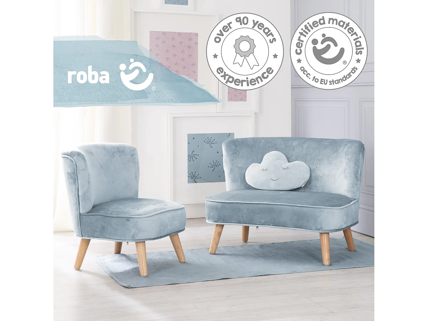 Ensemble Canapé Roba Lil avec Canapé, Fauteuil & Coussin en Forme de Nuage - Couleur Bleu/Ciel, Look Rétro, Velours, Pieds en Bois Solides