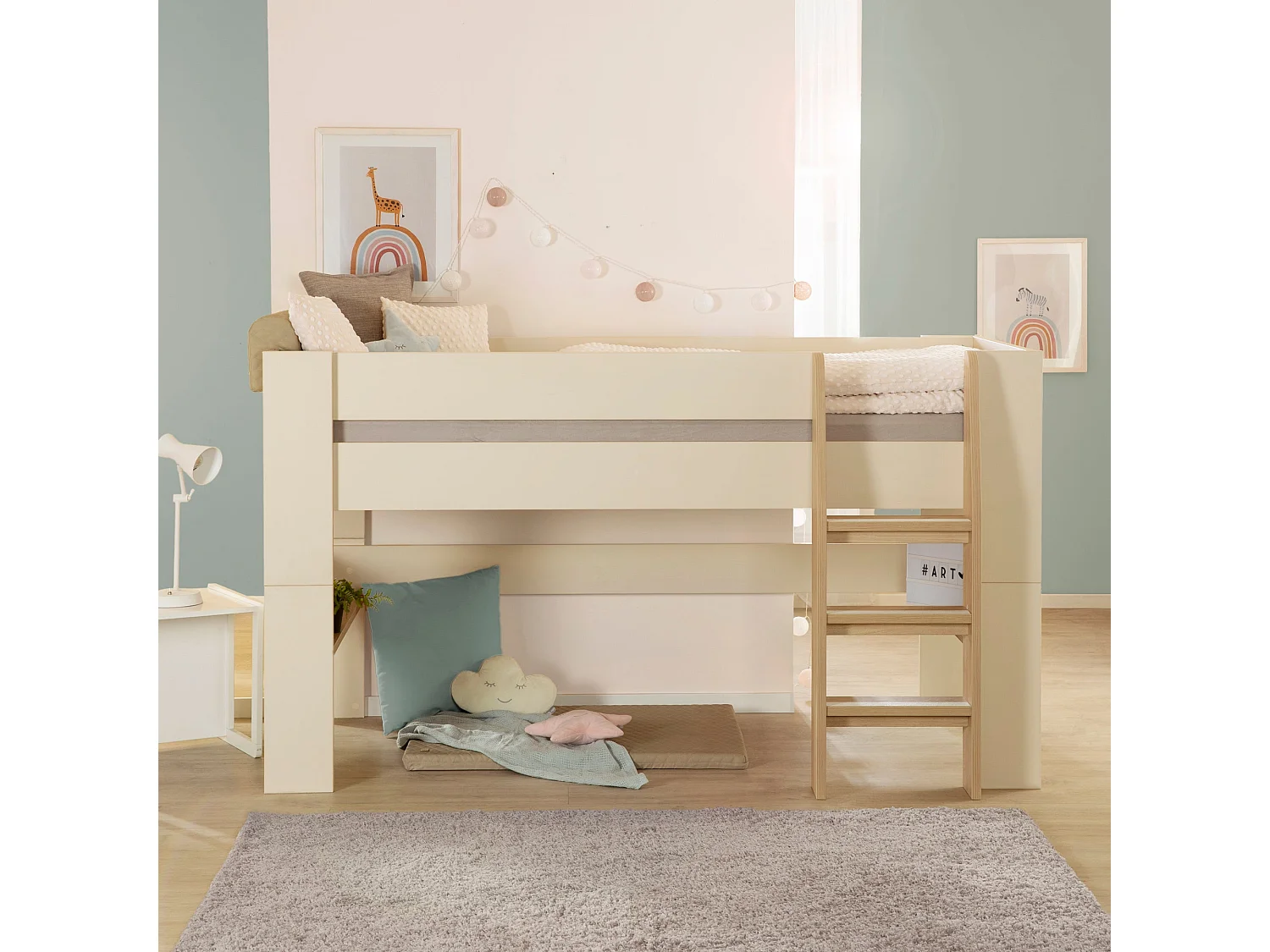 Flexi Grow "Loft" Lit Mezzanine Cashmere avec Barrière de Sécurité et Option Bureau