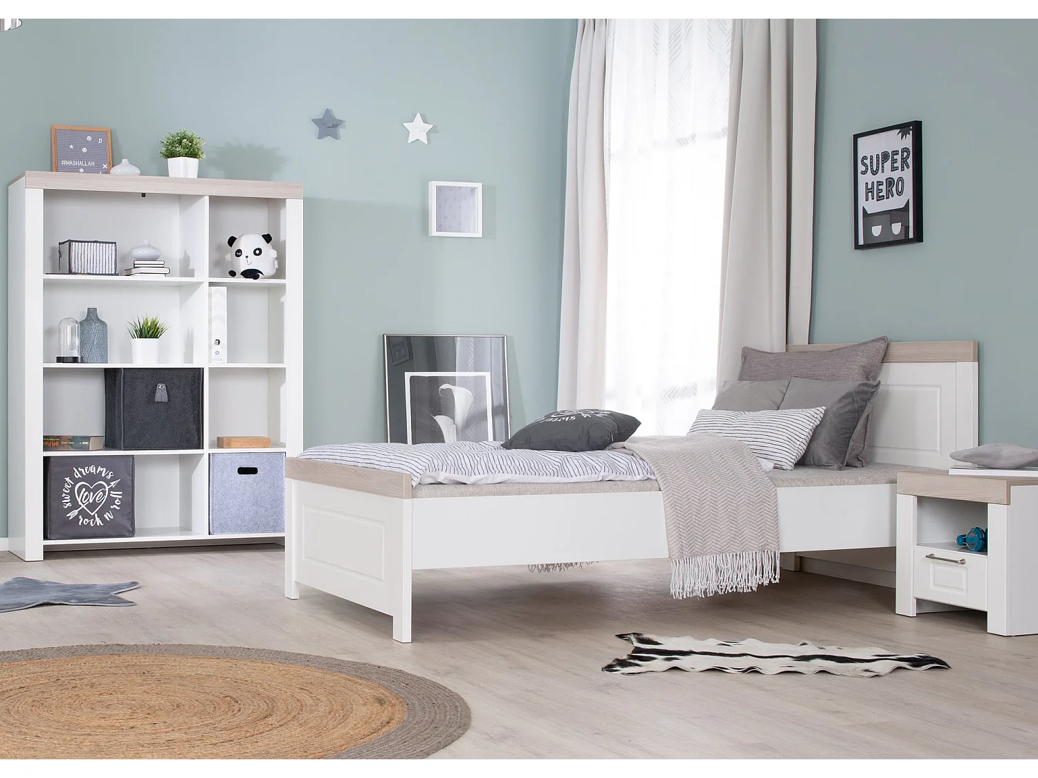 Lit de Jeunesse Moderne Blanc Felicia 90x200 cm Luna Aspect Bois d'Orme