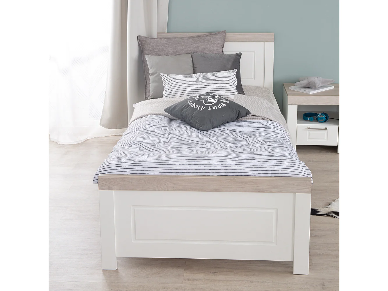 Lit de Jeunesse Moderne Blanc Felicia 90x200 cm Luna Aspect Bois d'Orme