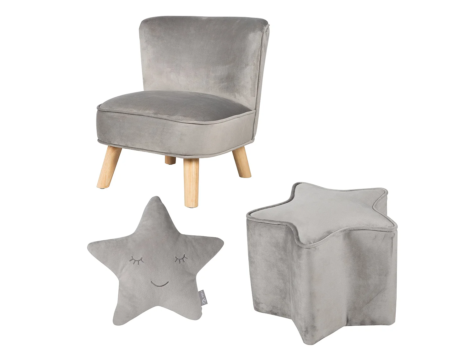 Ensemble Roba Lil Sofa - Chaise pour enfants, tabouret et ensemble coussin en forme d'étoile, gris argenté
