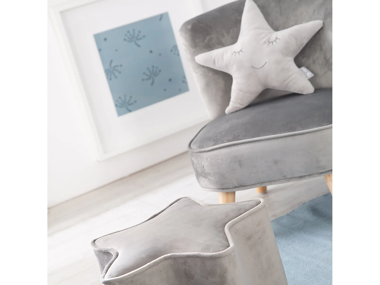 Ensemble Roba Lil Sofa - Chaise pour enfants, tabouret et ensemble coussin en forme d'étoile, gris argenté