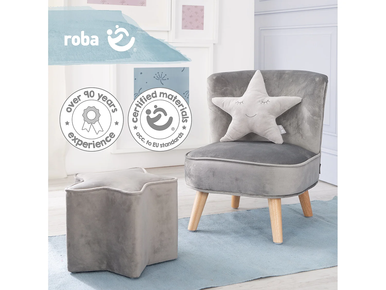 Ensemble Roba Lil Sofa - Chaise pour enfants, tabouret et ensemble coussin en forme d'étoile, gris argenté