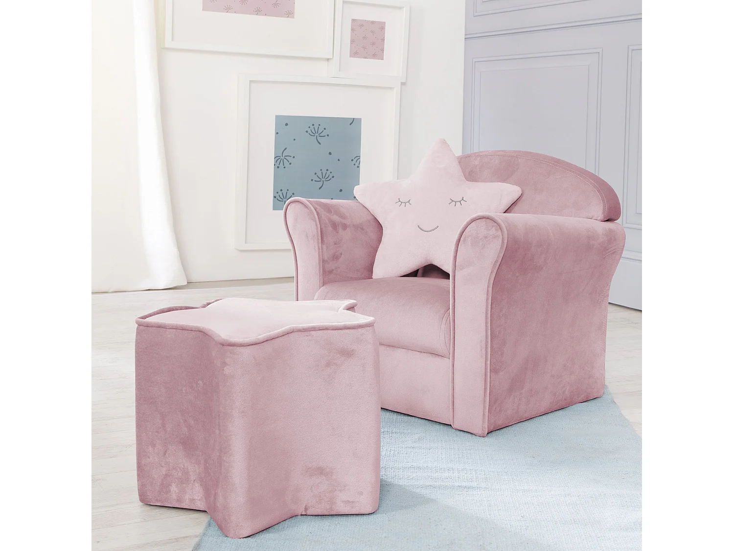 Fauteuil Enfant Roba avec Accoudoirs en Velours Rose/Mauve - Série Lil Sofa