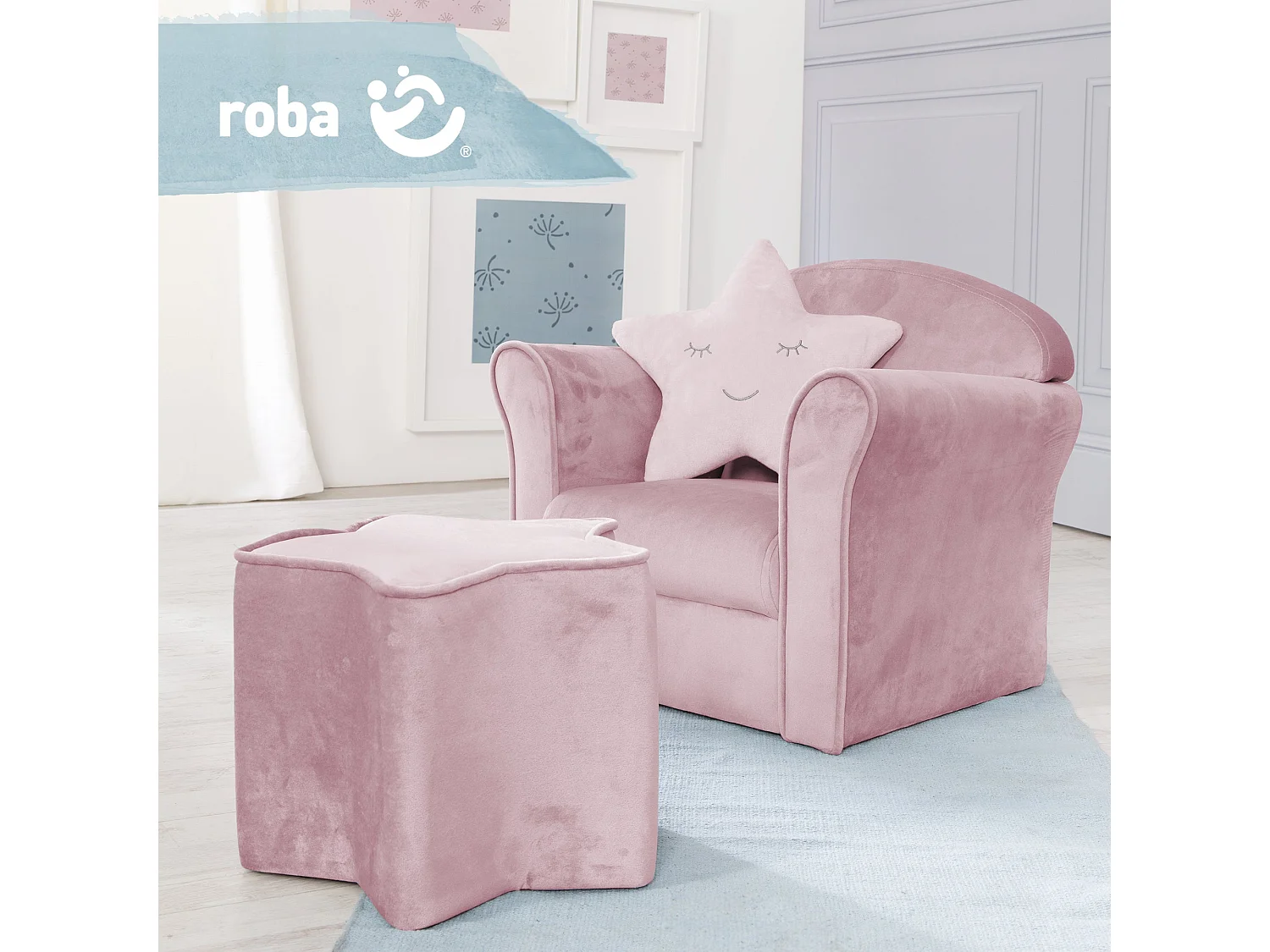 Fauteuil Enfant Roba avec Accoudoirs en Velours Rose/Mauve - Série Lil Sofa