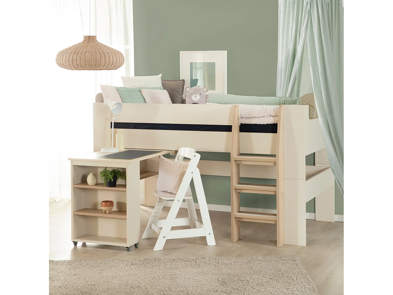 Lit enfant Flexi Grow "Studio" avec bureau intégré et rangement - Couleur Cachemire