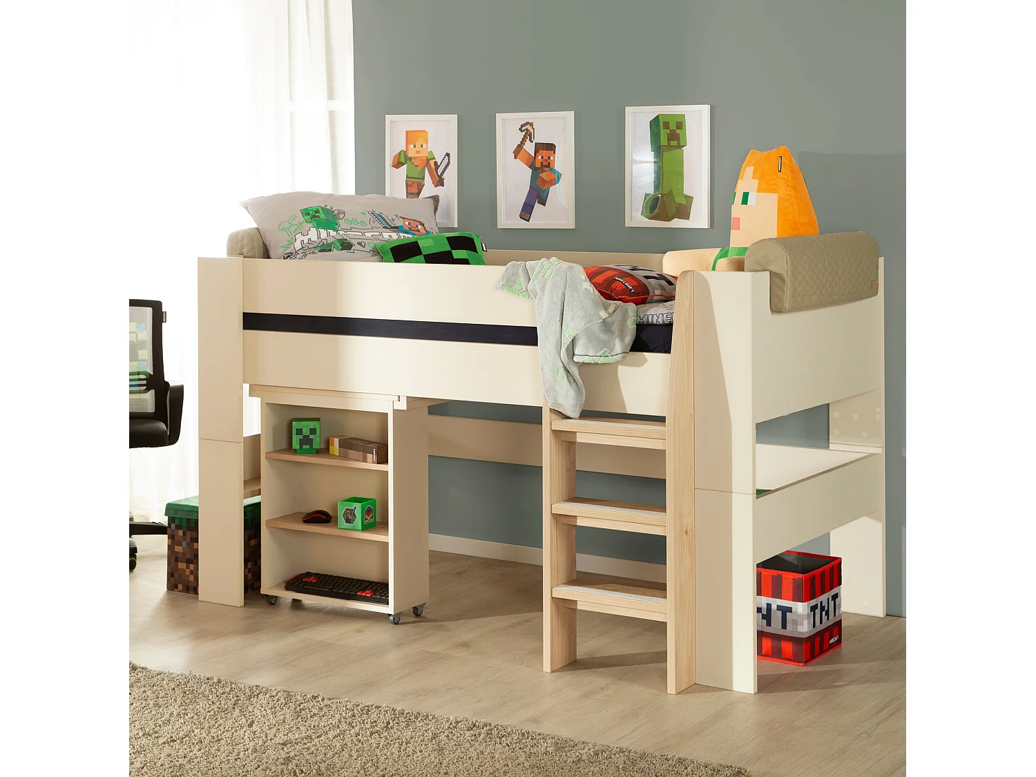 Lit enfant Flexi Grow "Studio" avec bureau intégré et rangement - Couleur Cachemire