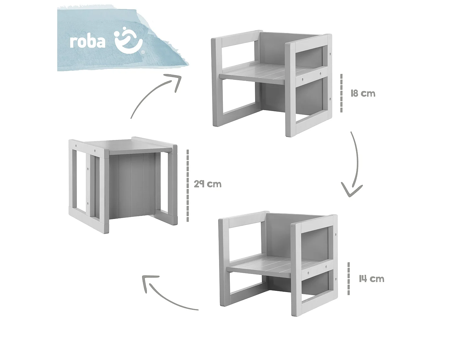 Roba Grey Kinderhocker Sitzhocker avec 3 Hauteurs Réglables - Meuble Enfant Multifonctionnel 3-en-1