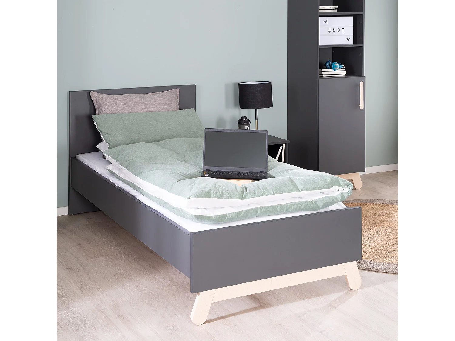 Lit pour Adolescents Roba 'Jara' Gris Anthracite 90x200 cm avec Pieds en Véritable Bois de Hêtre