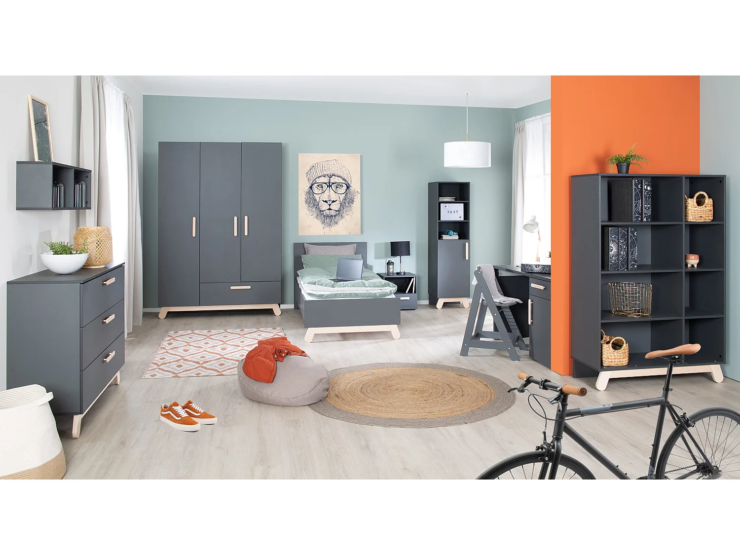 Lit pour Adolescents Roba 'Jara' Gris Anthracite 90x200 cm avec Pieds en Véritable Bois de Hêtre