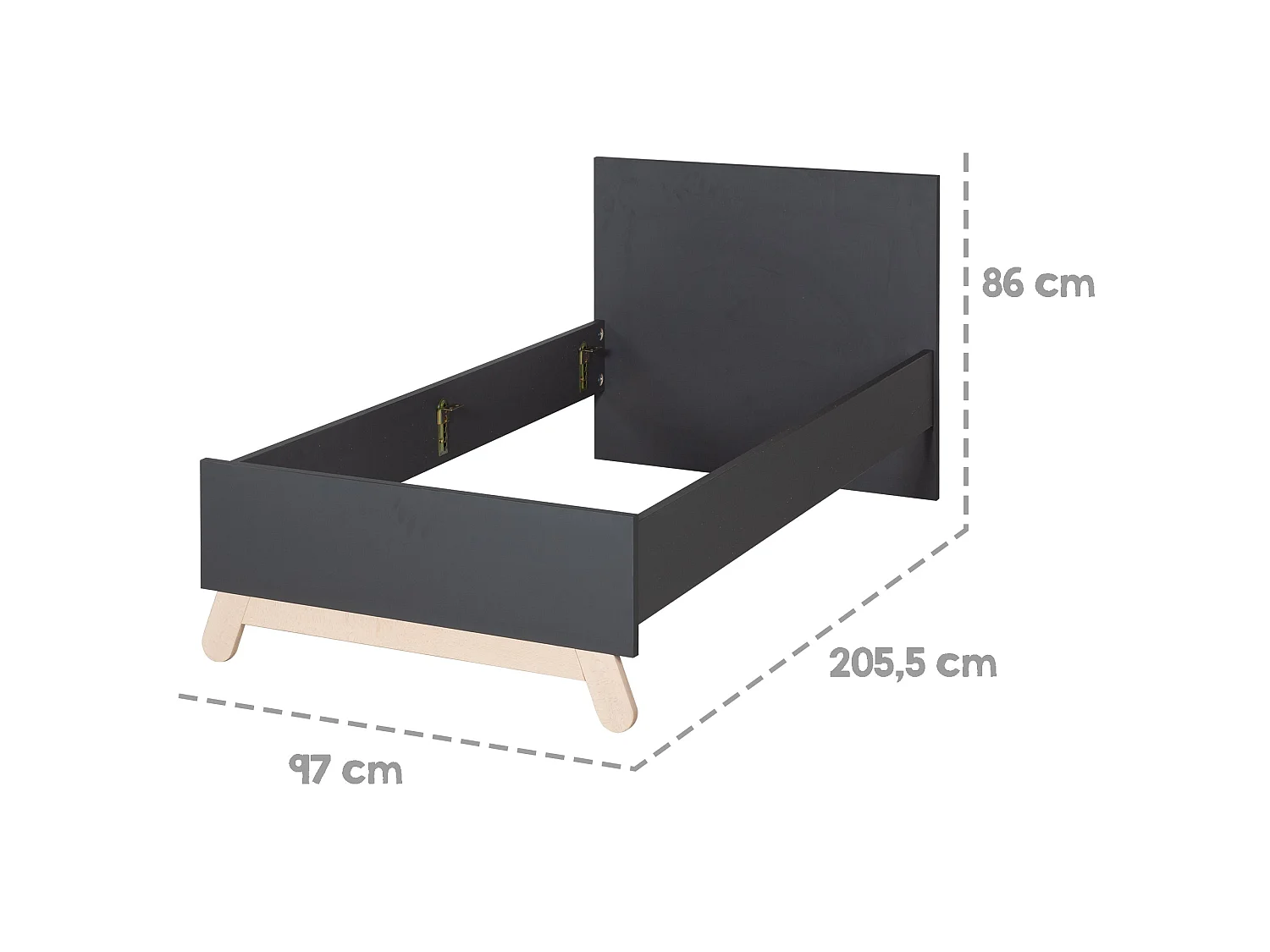 Lit pour Adolescents Roba 'Jara' Gris Anthracite 90x200 cm avec Pieds en Véritable Bois de Hêtre